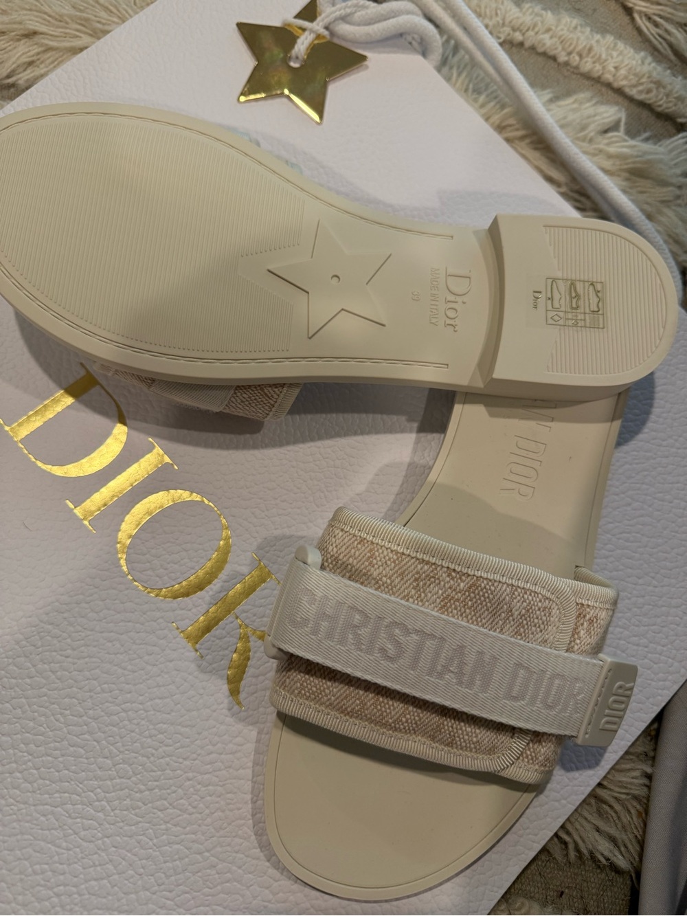 NEW Dior Neutral Beige Canvas Logo Slide Sandals